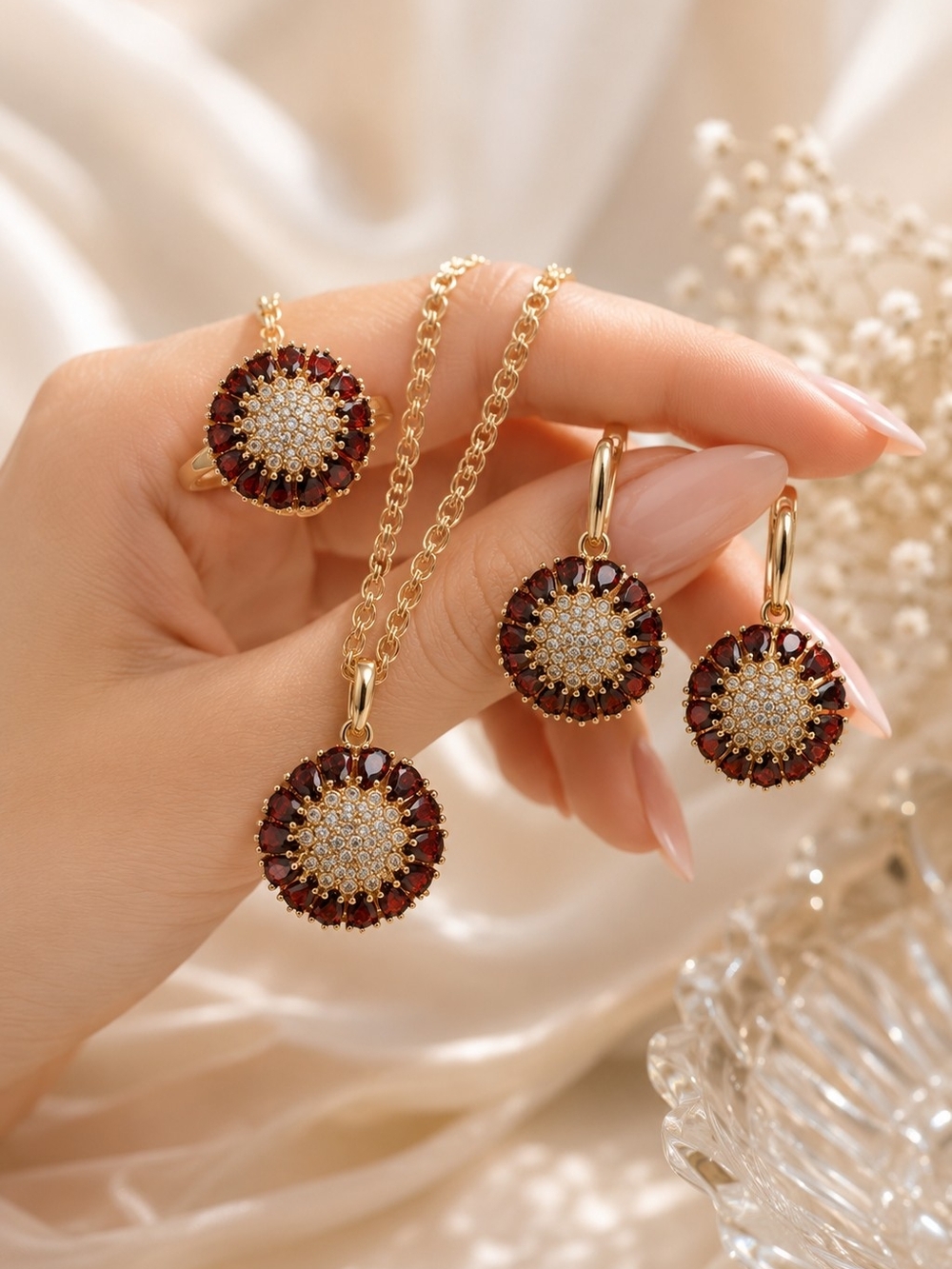 Gold-Plated Burgundy Sunburst Pendant Necklace & Earring Set - Picture 4 of 4
